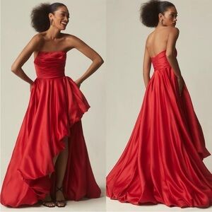 MAC DUGGAL Strapless Ruched High Low Gown Red